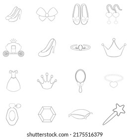 Princess doll set icons in outline style isolated on white background