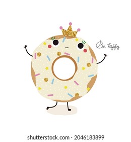 Princess donut with glitter crown. Childish cute print. Vector hand drawn illustration.