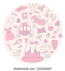 Princess doodle concept with hand drawn brougham, castle, fairy, magic wand, crown, hat, flowers, dress, sword, shield, shoe, mask and other. Vector illustration in doodle style. Pastel colors.