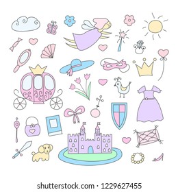 Princess doodle set with hand drawn brougham, castle, fairy, magic wand, crown, hat, flowers, dress, sword, shield, shoe, mask and other. Vector illustration in doodle style. Pastel colors.