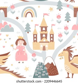 Princess, dragon, and fairy castle. Cartoon nursery background. Vector seamless pattern