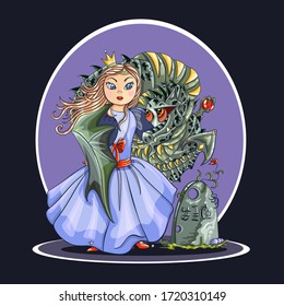 Princess, dragon and magic stone. Fairy tale. Fantasy illustration. Vector illustration