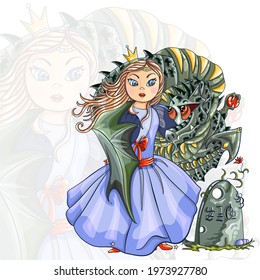 Princess, dragon and magic stone. Fairy tale. Fantasy illustration.  Vector illustration