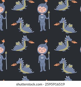 Princess and dragon pattern design for children's fabric or wallpaper.