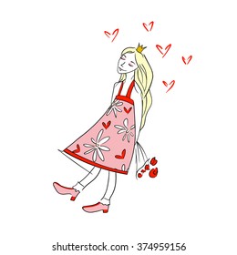 Princess. Dreams about love. For Valentine's day. Girl dreaming about love. Flowers in a gift