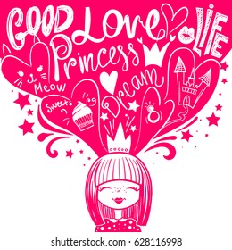 Princess and dreams, hearts, cake, kitty decorative face, castle, crown, words Love, Life, Good. Girlish t shirt. Cute poster in pink and white colors. Monochrome wallpaper