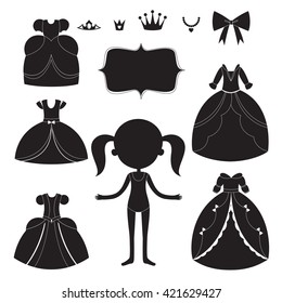 Princess dress silhouettes set. Cartoon black and white wearable items.