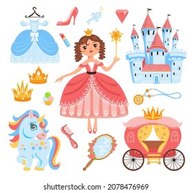 Princess elements. Cute girl in lush pink dress and gold crown holding magic wand, royal castle, fabulous unicorn, little queen, adorable fantasy character vector cartoon