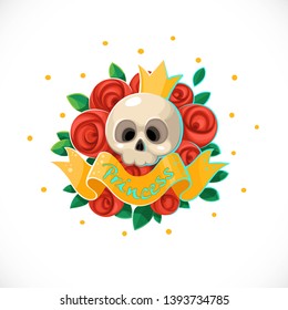 Princess emblem skull in crown surrounded by roses stylized tattoo isolated on a white background