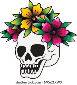 Princess emblem of a skull in a crown surrounded by roses.tattoo, isolated on a white background. Sketch of traditional old school.best print back to school stickers.Day of dead vector illustration