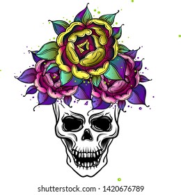 Princess emblem of a skull in a crown surrounded by roses.tattoo, isolated on a white background. Sketch of traditional old school.best print back to school stickers.Day of dead illustration