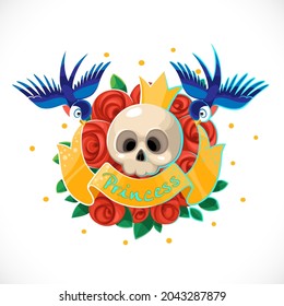 Princess emblem skull in crown surrounded by roses and the swallows hold the ribbon stylized tattoo isolated on a white background