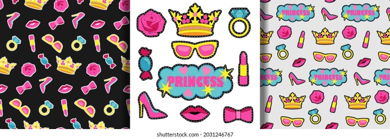 Princess embroidery set and two seamless patterns. Needlework collection for fashion textile, home, tshirt prints.