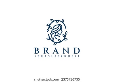 princess face with oval frame decorated with plants line art logo design