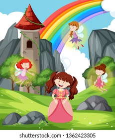 Princess with fairies scene illustration