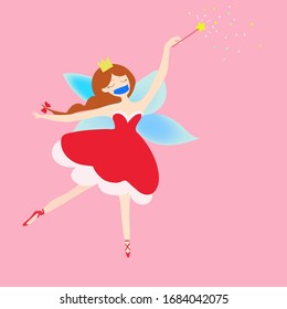 Princess fairy in antiviral mask  in a red dress and red hair with a magic wand. Vector flat illustration isolated on pink background. 
Lips and mouth preserved under a mask.
Cartoon style. 
Epidemic