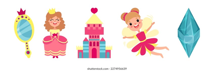 Princess Fairy Attributes with Fairy, Mirror, Castle and Diamond Vector Set