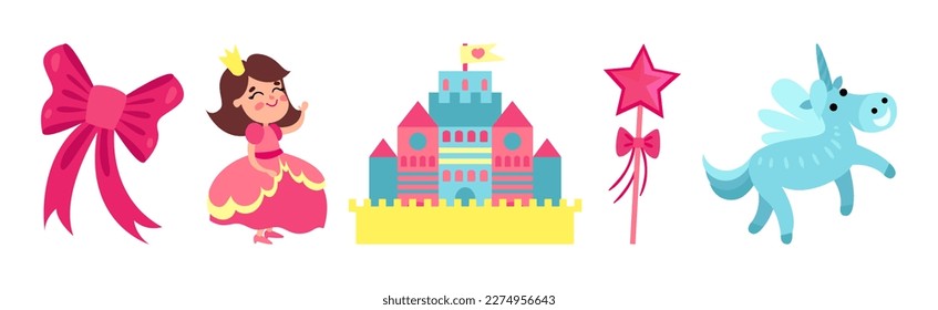 Princess Fairy Attributes with Ribbon Bow, Castle, Magic Wand and Unicorn Vector Set