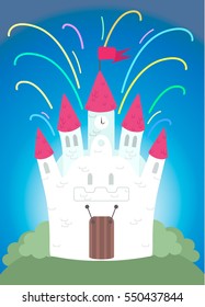 Princess Fairy Castle with Fireworks in the night sky colorful cartoon vector illustration