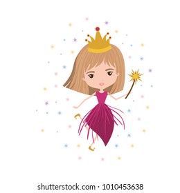 princess fairy with crown and magic wand and colorful stars on white background