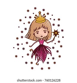 princess fairy with crown and magic wand in colored crayon silhouette