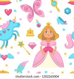 Princess with fairy elements, unicorn and magic wand seamless pattern isolated on white background vector.