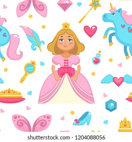 Princess with fairy elements, unicorn and magic wand seamless pattern