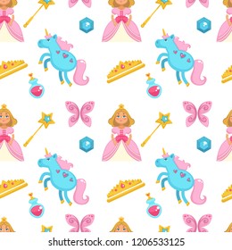 Princess with fairy elements, unicorn and magic wand seamless pattern isolated on white background vector.