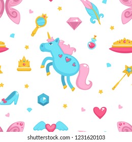 Princess with fairy elements, unicorn and magic wand seamless pattern isolated on white background vector. Girl wearing crown, shoes of cinderella, potion perfume in glass bottle, mirror and hearts