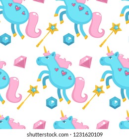 Princess with fairy elements, unicorn and magic wand seamless pattern isolated on white background vector. Girl wearing crown, shoes of cinderella, potion perfume in glass bottle, mirror and hearts