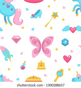 Princess with fairy elements, unicorn and magic wand seamless pattern isolated on white background vector. Girl wearing crown, shoes of cinderella, potion perfume in glass bottle, mirror and hearts