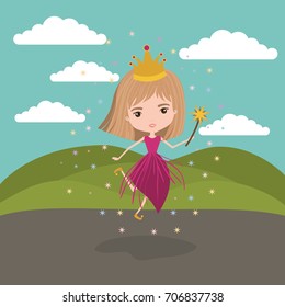 princess fairy fantastic character with crown and magic wand in mountain landscape background vector illustration