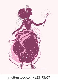 Princess. Fairy with magic wand. Vector silhouette illustration.
