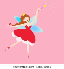 Princess fairy in a red dress and long red hair with a magic wand. Vector flat illustration isolated on pink background. Girls concept. Print for card, textile, wallpaper and stickers. Cartoon style.