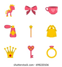Princess fairy tail icon set. Flat style set of 9 princess fairy tail vector icons for web isolated on white background