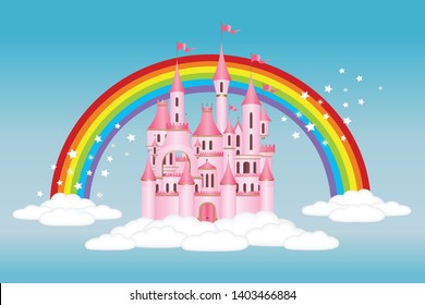 Princess fairy tale castle in clouds with rainbow and magical stars - Fantasy vector illustration