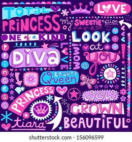 Princess Fairy Tale Diva Word Doodles Lettering with Tiara, Crown, and Diamond- Hand Drawn Vector Illustration