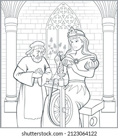 Princess From Fairy Tale - Sleeping Beauty With Blood On Her Finger. Colouring Page For Adult Or Children	
