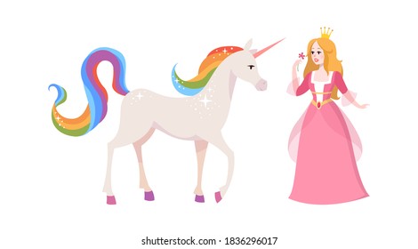 Princess and fairy unicorn. Cute cartoon female character in pink dress and tiara, white horse with rainbow tail and mane, adorable fantasy creature of kid fairytale flat vector isolated illustration