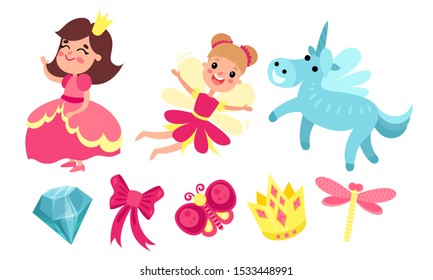 Princess, fairy, unicorn and magic items. Vector illustration. Princess, fairy, unicorn and magic items. Vector illustration.