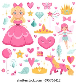 Princess With Fairytale Unicorn, Wizard And Their Magic Elements. Vector Pictures Set