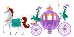 Princess Fantasy Carriage With Coachman And A Horse. Vector Illustration.