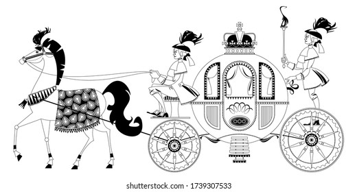 Princess Fantasy Carriage with Coachman and a Horse. Black and white. Vector illustration 