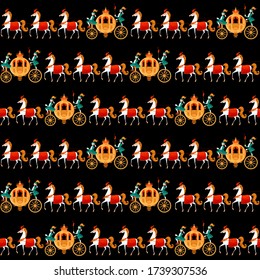 Princess Fantasy Carriages with Coachmen and Horses. Seamless background pattern. Vector illustration