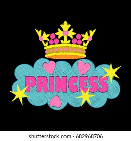 Princess fashion embroidery. Colorful needlework isolated on black background. Applique for denim or clothes.