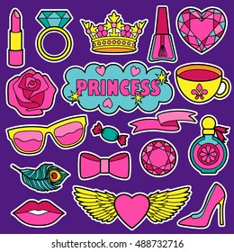 Princess fashion patches. Vector Pin badges set. Colorful stickers collection on violet background. Appliques for denim or clothes.