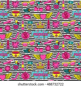 Princess fashion Seamless Pattern. Vector Pin badges set. Colorful stickers collection. Appliques for denim or clothes. Patches striped background