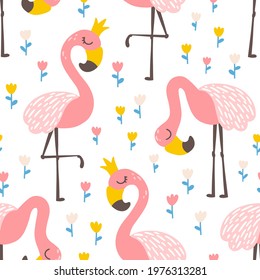 Princess Flamingo seamless pattern with tulip flowers. Vector cute illustration of a bird with a crown in a hand-drawn Scandinavian cartoon style. The pastel palette ideal for baby clothes textiles