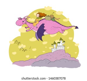 The princess is flying on a dragon. Queen and dinosaur.
