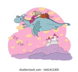 The princess is flying on a dragon. Queen and dinosaur.